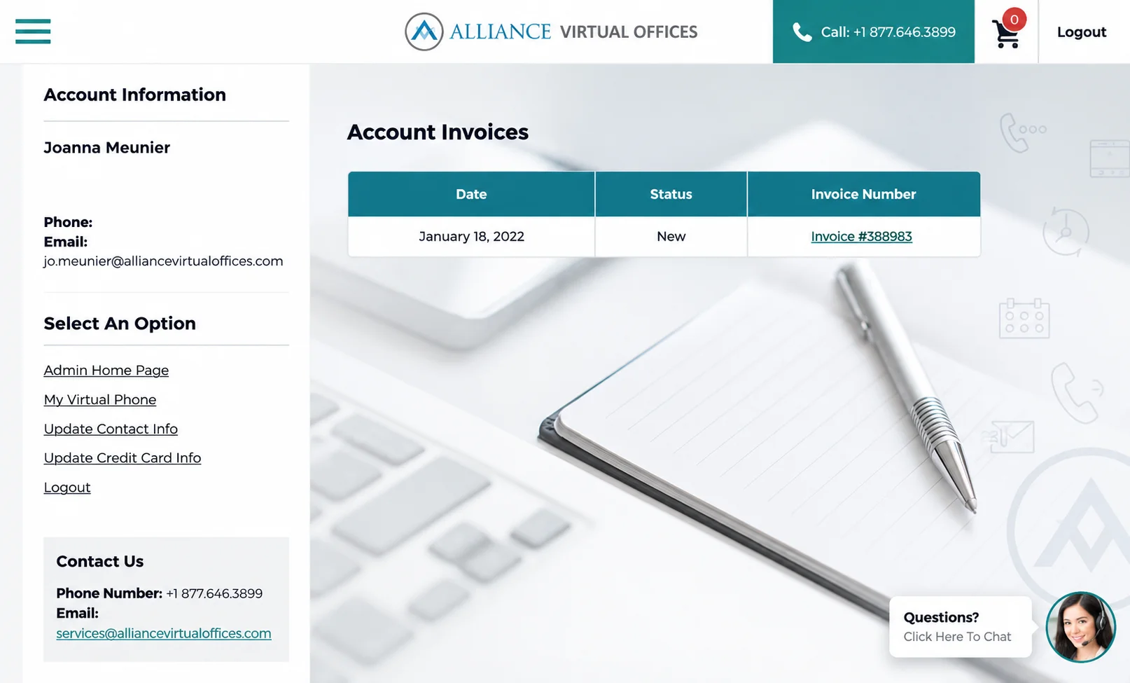 Alliance Virtual Offices invoice dashboard
